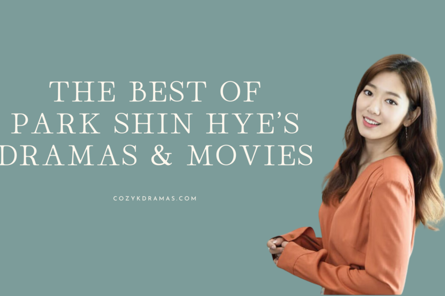 Blue/green banner with white lettering that reads "The Best of Park Shin Hye's Dramas & Movies"